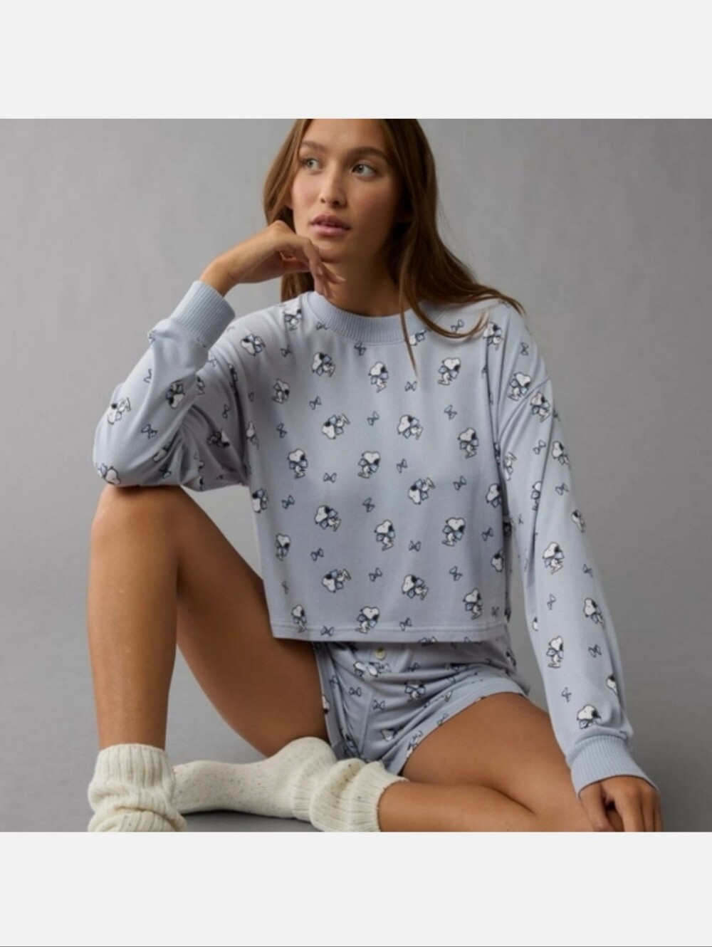 American Eagle Snoopy Pajama Set Blue Size Medium Shorts And Long Sleeve